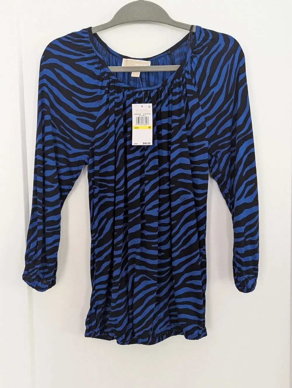Michael Kors Top Blue Black Zebra Print Scoop Neck 3/4 Sleeve Shirt Sz M NWT